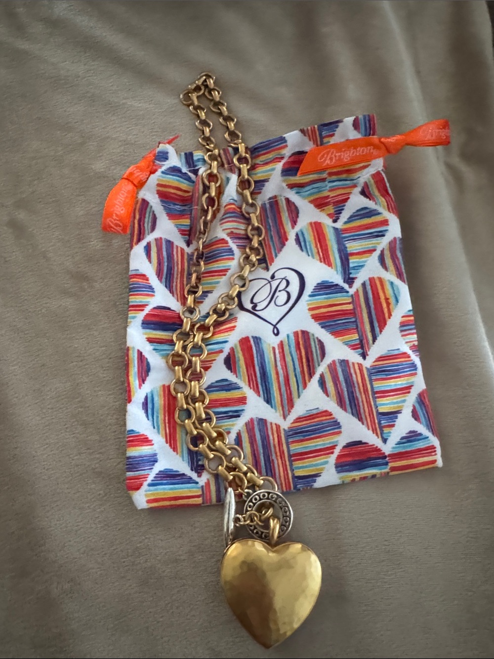 Brighton Gold Heart Pendant on Chunky Gold Chain with Rainbow Heart Pouch